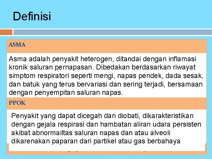 Definisi ASMA Asma adalah penyakit heterogen, ditandai dengan inflamasi kronik saluran pernapasan. Dibedakan berdasarkan