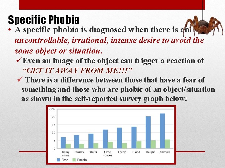 Specific Phobia • A specific phobia is diagnosed when there is an uncontrollable, irrational,