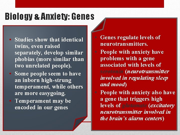 Biology & Anxiety: Genes • Studies show that identical twins, even raised separately, develop