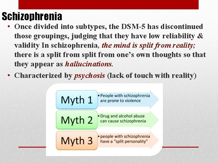 Schizophrenia • Once divided into subtypes, the DSM-5 has discontinued those groupings, judging that