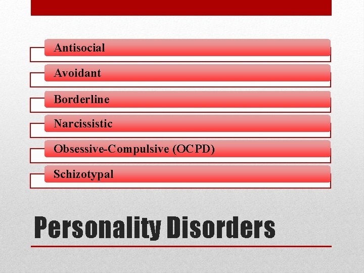 Antisocial Avoidant Borderline Narcissistic Obsessive-Compulsive (OCPD) Schizotypal Personality Disorders 