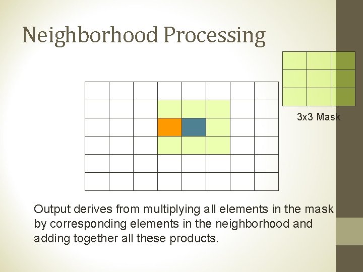 Neighborhood Processing 3 x 3 Mask Output derives from multiplying all elements in the