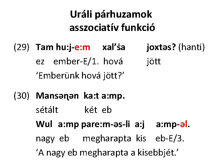 Uráli párhuzamok asszociatív funkció (29) Tam hu: j-e: m xal’ṡa ez ember-E/1. hová ‘Emberünk