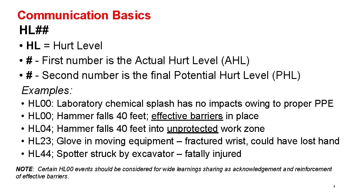 Communication Basics HL## • HL = Hurt Level • # - First number is