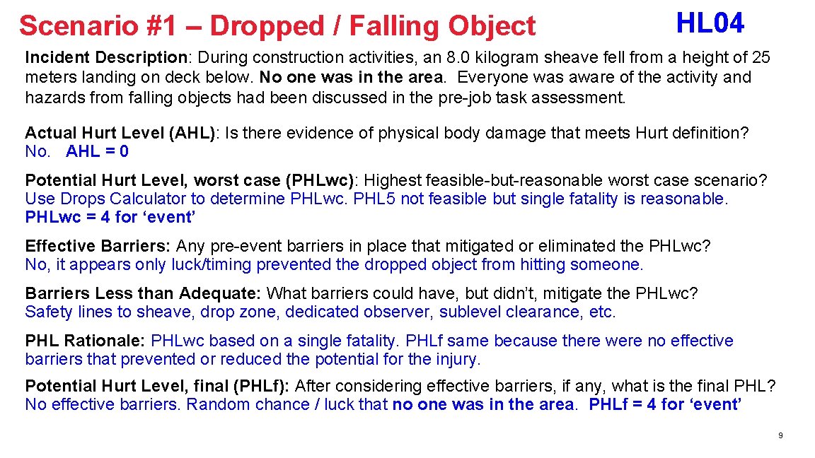 Scenario #1 – Dropped / Falling Object HL 04 Incident Description: During construction activities,