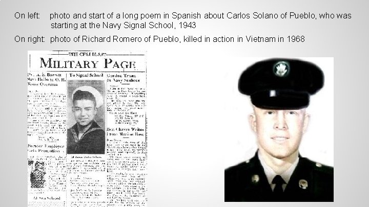 On left: photo and start of a long poem in Spanish about Carlos Solano