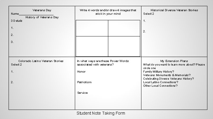 Veterans Day Name___________ History of Veterans Day 3 Details Write 4 words and/or draw