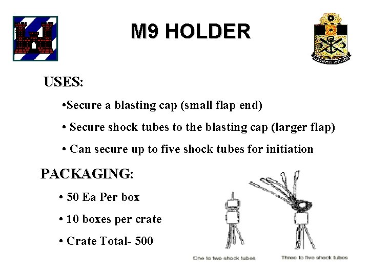 M 9 HOLDER USES: • Secure a blasting cap (small flap end) • Secure