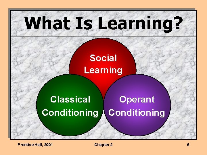 What Is Learning? Social Learning Classical Conditioning Prentice Hall, 2001 Operant Conditioning Chapter 2