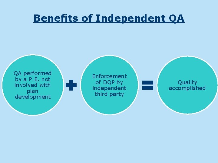Benefits of Independent QA QA performed by a P. E. not involved with plan