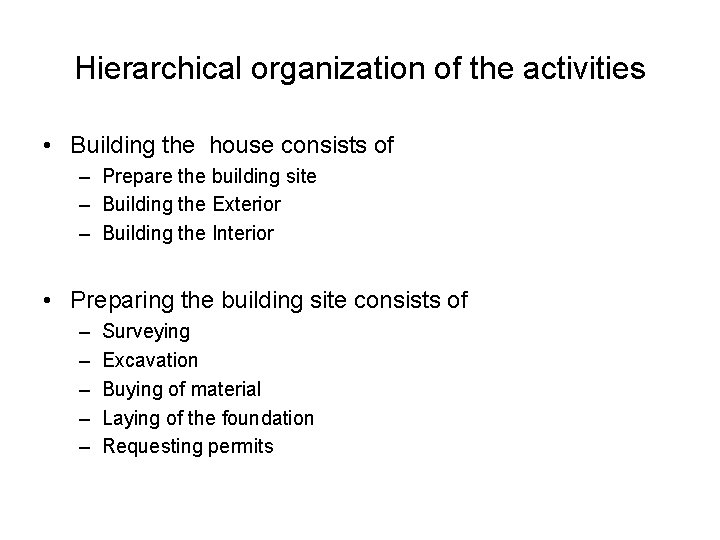 Hierarchical organization of the activities • Building the house consists of – Prepare the