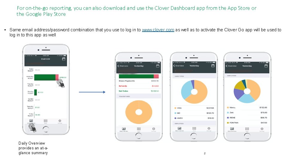 For on-the-go reporting, you can also download and use the Clover Dashboard app from
