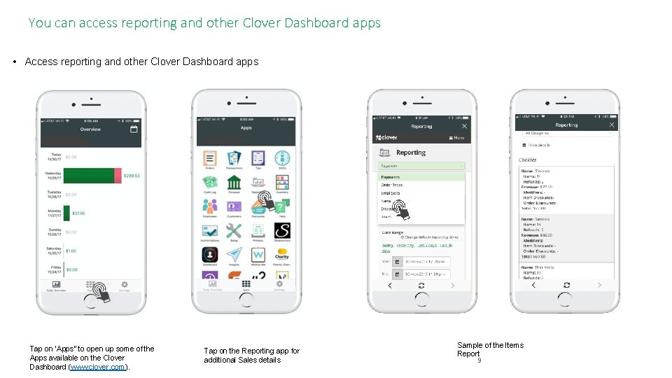 You can access reporting and other Clover Dashboard apps • Access reporting and other