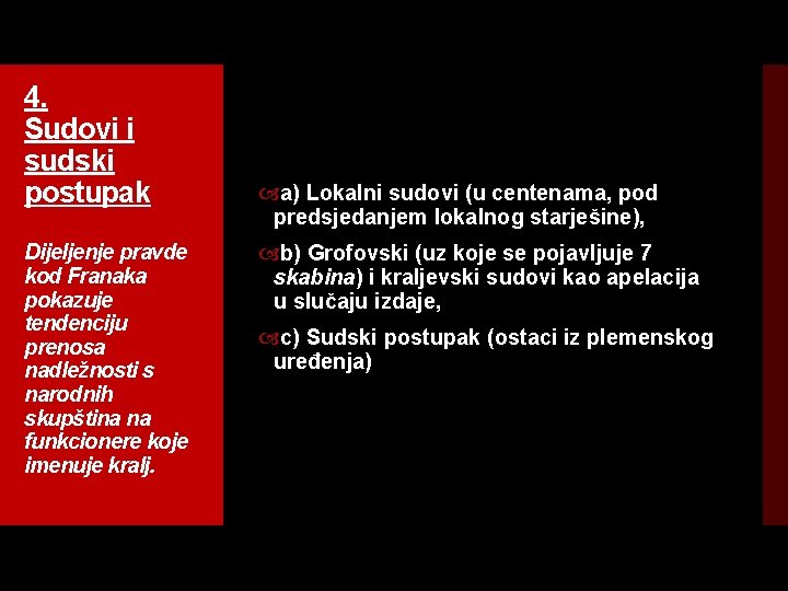 4. Sudovi i sudski postupak Dijeljenje pravde kod Franaka pokazuje tendenciju prenosa nadležnosti s