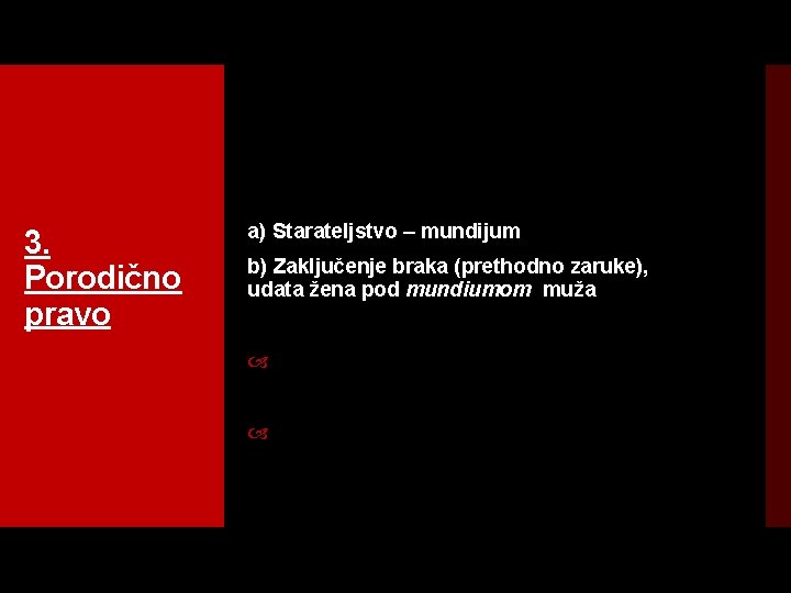 3. Porodično pravo a) Starateljstvo – mundijum b) Zaključenje braka (prethodno zaruke), udata žena