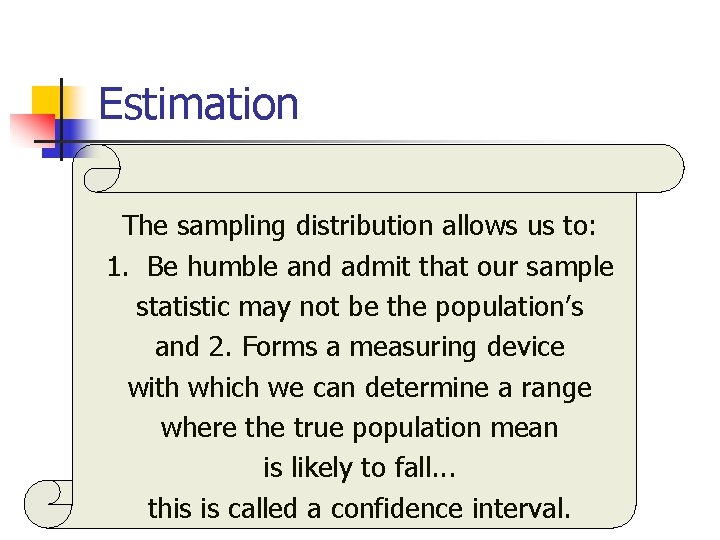 Estimation The sampling distribution allows us to: 1. Be humble and admit that our
