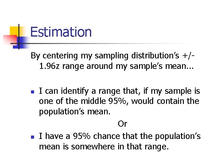 Estimation By centering my sampling distribution’s +/1. 96 z range around my sample’s mean.