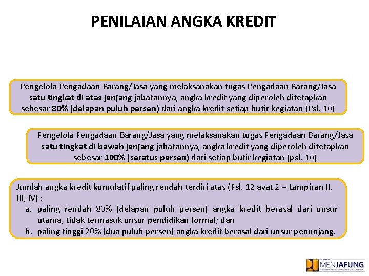 PENILAIAN ANGKA KREDIT Pengelola Pengadaan Barang/Jasa yang melaksanakan tugas Pengadaan Barang/Jasa satu tingkat di