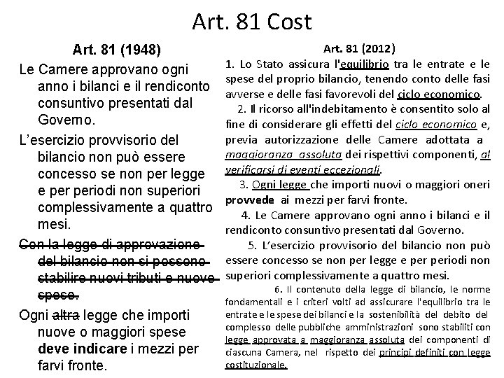 Art. 81 Cost Art. 81 (1948) Le Camere approvano ogni anno i bilanci e