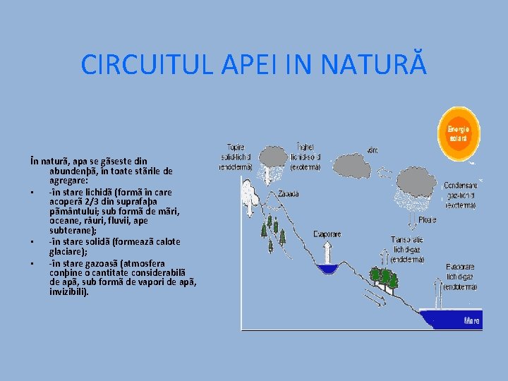 CIRCUITUL APEI IN NATURĂ În naturã, apa se gãseste din abundenþã, în toate stãrile