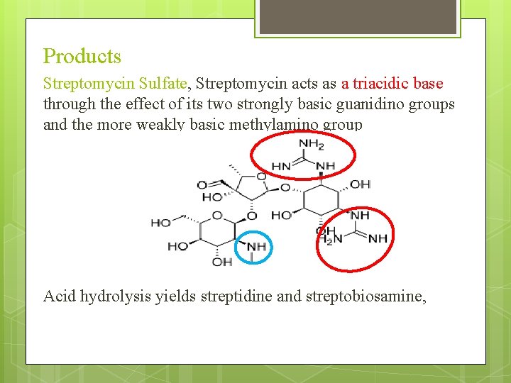 Products Streptomycin Sulfate, Streptomycin acts as a triacidic base through the effect of its