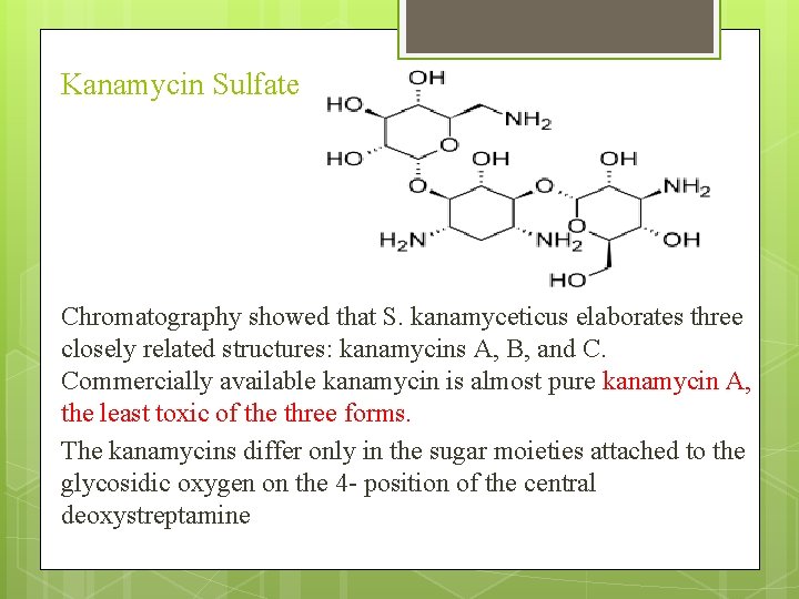 Kanamycin Sulfate Chromatography showed that S. kanamyceticus elaborates three closely related structures: kanamycins A,