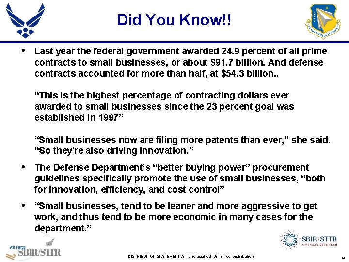 Did You Know!! • Last year the federal government awarded 24. 9 percent of