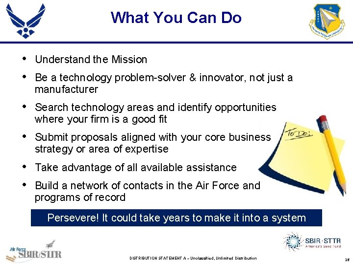 What You Can Do • • Understand the Mission • Search technology areas and