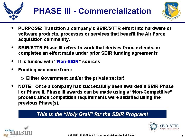 PHASE III - Commercialization • PURPOSE: Transition a company’s SBIR/STTR effort into hardware or