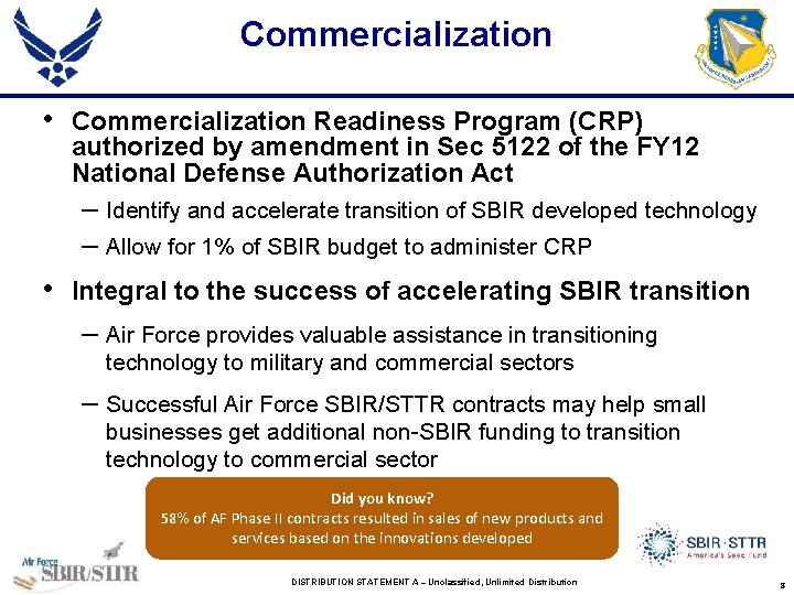 Commercialization • Commercialization Readiness Program (CRP) authorized by amendment in Sec 5122 of the