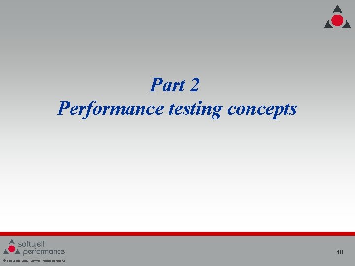 Part 2 Performance testing concepts 10 © Copyright 2008, Soft. Well Performance AB Part 2 Performance testing concepts 10 © Copyright 2008, Soft. Well Performance AB