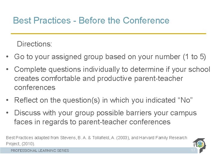 Best Practices - Before the Conference Directions: • Go to your assigned group based