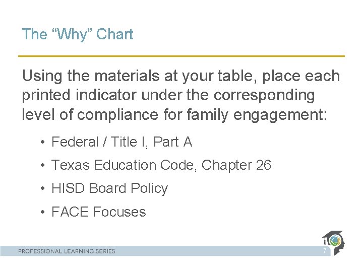 The “Why” Chart Using the materials at your table, place each printed indicator under