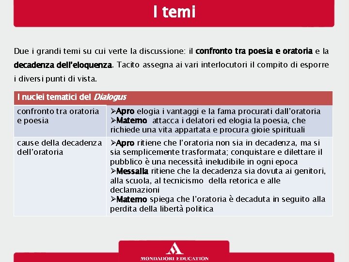 I temi Due i grandi temi su cui verte la discussione: il confronto tra