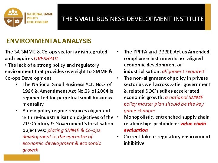 THE SMALL BUSINESS DEVELOPMENT INSTITUTE ENVIRONMENTAL ANALYSIS The SA SMME & Co-ops sector is