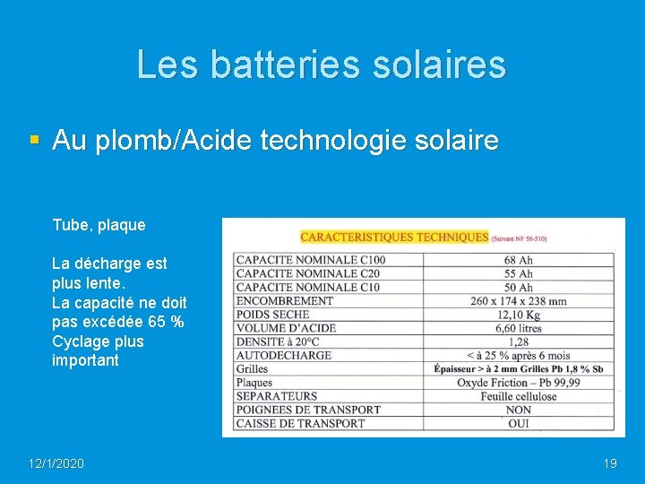 Les batteries solaires § Au plomb/Acide technologie solaire Tube, plaque La décharge est plus