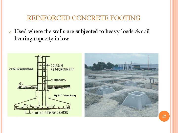 REINFORCED CONCRETE FOOTING o Used where the walls are subjected to heavy loads &