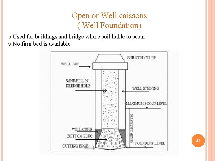 Open or Well caissons ( Well Foundation) o Used for buildings and bridge where