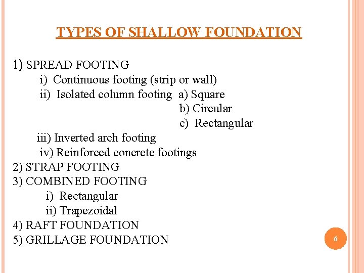 TYPES OF SHALLOW FOUNDATION 1) SPREAD FOOTING i) Continuous footing (strip or wall) ii)