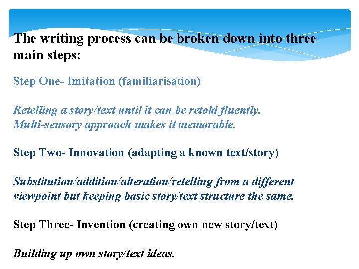 The writing process can be broken down into three main steps: Step One- Imitation