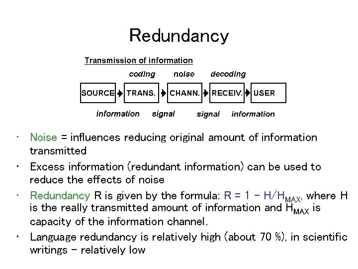 Redundancy • Noise = influences reducing original amount of information transmitted • Excess information