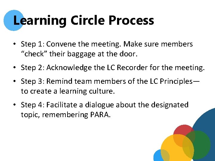 Learning Circle Process • Step 1: Convene the meeting. Make sure members “check” their