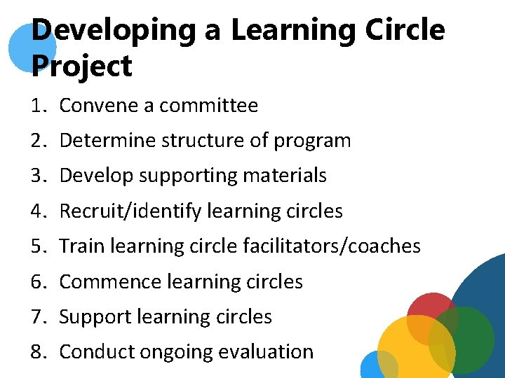 Developing a Learning Circle Project 1. Convene a committee 2. Determine structure of program