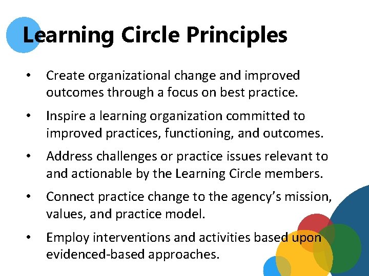 Learning Circle Principles • Create organizational change and improved outcomes through a focus on