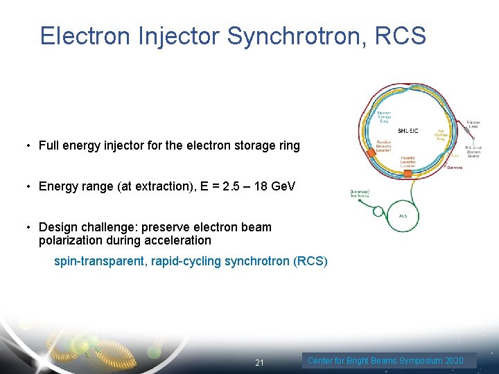 Electron Injector Synchrotron, RCS • Full energy injector for the electron storage ring •