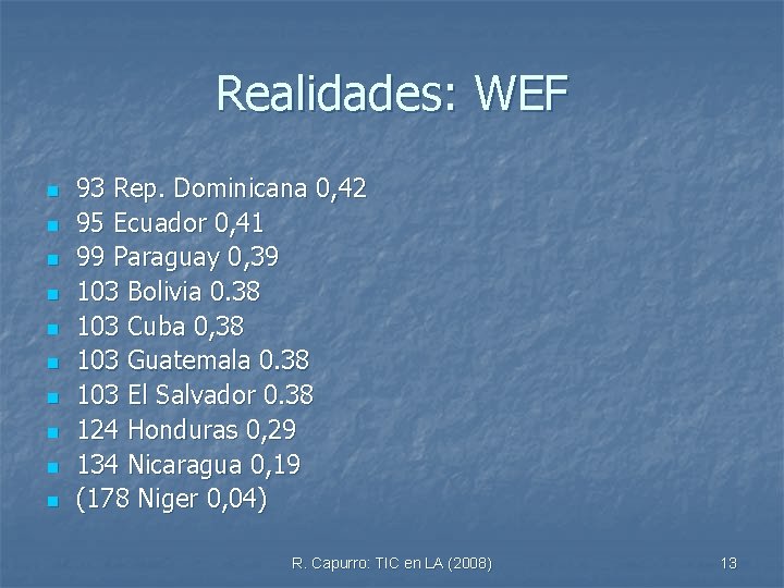 Realidades: WEF n n n n n 93 Rep. Dominicana 0, 42 95 Ecuador