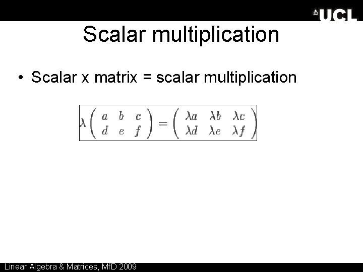 Scalar multiplication • Scalar x matrix = scalar multiplication Linear Algebra & Matrices, Mf.