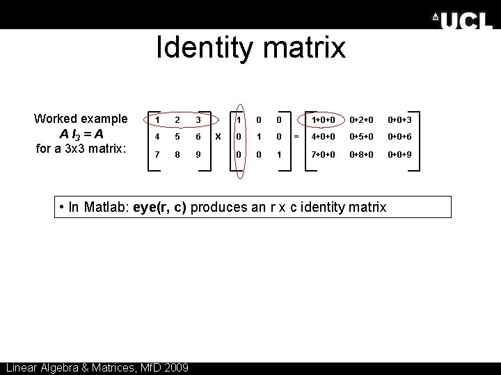 Identity matrix Worked example A I 3 = A for a 3 x 3