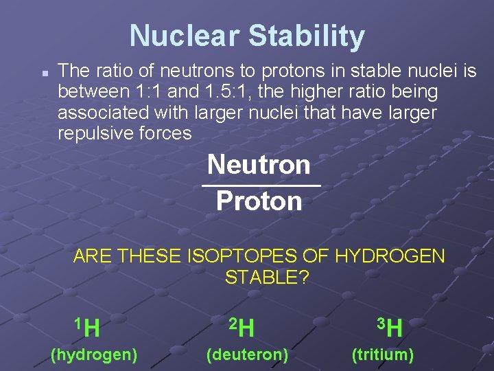 Nuclear Stability n The ratio of neutrons to protons in stable nuclei is between