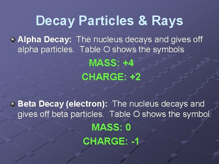 Decay Particles & Rays Alpha Decay: The nucleus decays and gives off alpha particles.